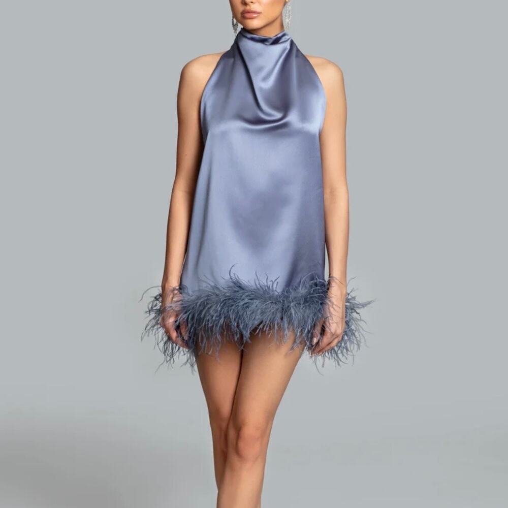 NWT Ghrail Blue Nolita Feather Trim Halter Satin Cocktail Mini Dress Size XL
